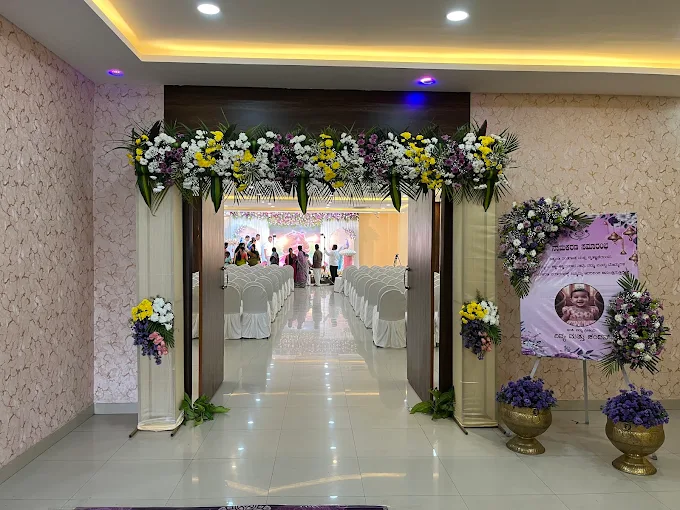 Decorated floral entrance arch of Tarunn Grand Party Hall